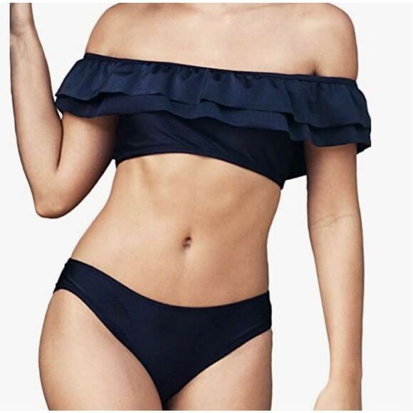 Cupshe Navy Blue Off The Shoulder 2 Piece Bikini Swimsuit Medium - Picture 1 of 5